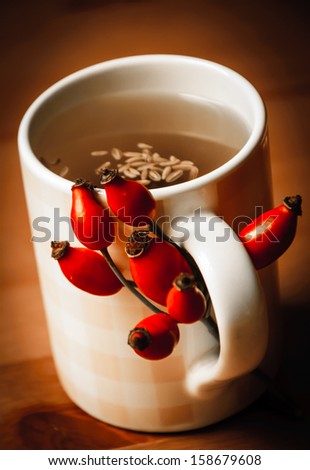 Cup of fennel tea with seeds and rosehip decoration. Autumn background. Aged photo. Selective focus on the rosehips.