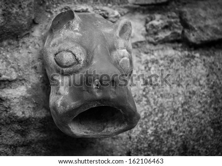 Old ceramic downspout in shape of beast head against stone wall. Closeup.