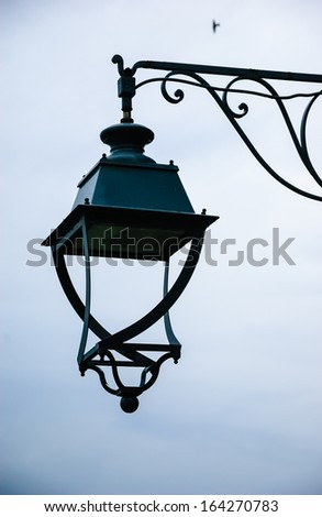 Vintage lantern with water drops after rain and lonely bird at backgrounds. Loneliness concept.
