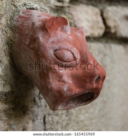 Old ceramic downspout in shape of beast head against stone wall. Closeup.