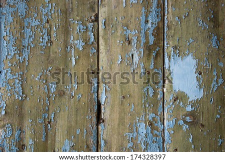 Texture of weathered wooden lining boards with peeling blue paint and rusty nail heads.