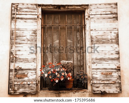 Colorful daisy flowers and cactus in pots placed on the window of the old stone house. Closed window with lace curtain, rusty lattice and open wooden shutters. (Arles, Provence, France) Aged photo.