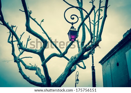 Vintage streetlight with magenta color glass, tree, old house and the second streetlight with normal glass at backgrounds. (Arles, Provence, France). Concepts of unique, different and standing out.