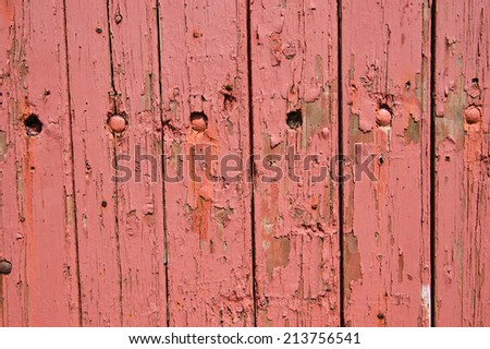 Texture of weathered wooden lining boards with peeling pink paint and rusty nail heads.