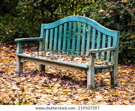 Autumn in the park. Golden leaves on the old wooden bench and on the ground. Love declaration on bench\'s planks (French and Asian language characters, heart shape).