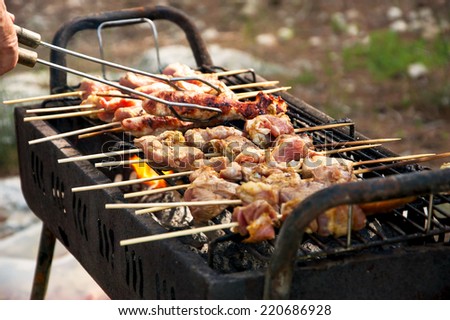 Man cooking marinated turkey shashlik on wooden skewer on the grill. Backyard party background.
