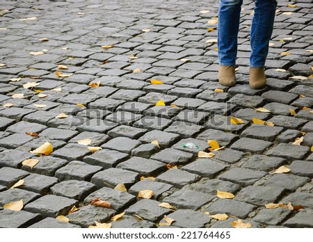 Young woman legs on Parisian cobblestone street covered with yellow autumn leaves.