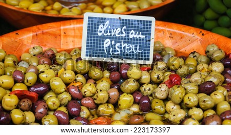 Mix Olives in Provencal variation of Pesto sauce (\