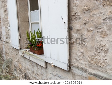 Flower box with red decorative peppers and white cyclamens on the window of antique house with wooden shutters. Selective focus on the plants and the left shutter.