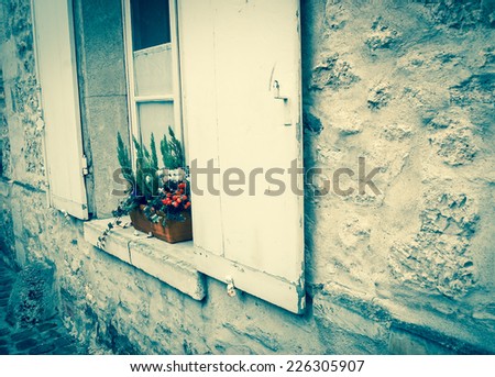 Flower box with red decorative peppers and white cyclamens on the window of antique house with wooden shutters. Selective focus on the plants and the left shutter. Aged photo.