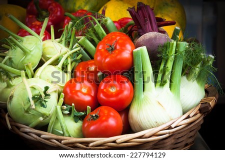 Fresh produce in wicker basket from local farmer\'s market. Mediterranean diet.