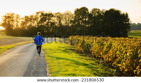 A mid aged man running at sunset near the vineyard. Autumn in Loire Valley (Val de Loire, France)