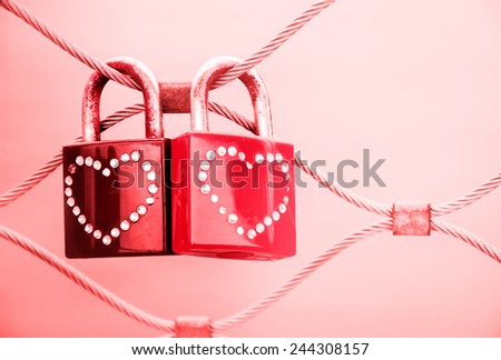 Two grungy love padlocks with heart decoration attached to the bridge in Paris. Valentine\'s day background. Toned photo.