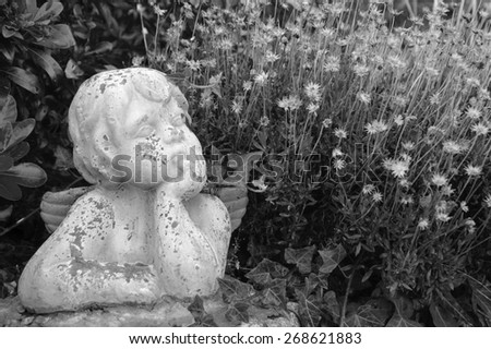 Weathered statue of an infant angel in overgrown garden. Aged monochrome photo. Black and white.