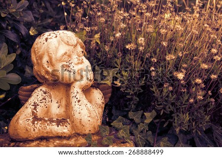 Weathered statue of an infant angel in overgrown garden. Sunset golden light. Toned photo.