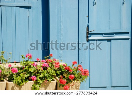 Blue wooden house door and geranium flowers in the boxes in sunny day. Brittany, France.