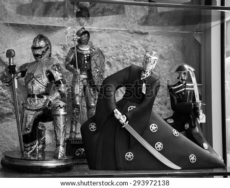 GOURDON, FRANCE - MAY 5, 2013: Figurines knights and samurais on for sale. Gourdon, one of \