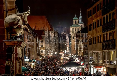 Nuremberg, Germany - Circa Dec 2012 - Big Crowds Visit The Christmas Market At Night Circa December 2012 In Nuremberg. Annual &Quot;Christkindlesmarkt&Quot; Is One Of The Biggest Christmas Markets In The World.