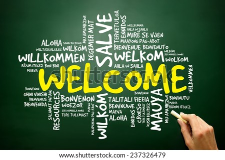 Word cloud of WELCOME in different languages, business concept on blackboard