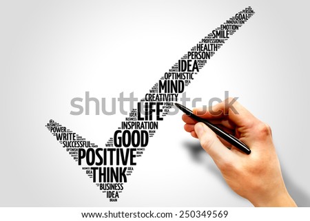 Positive thinking check mark word cloud, business concept