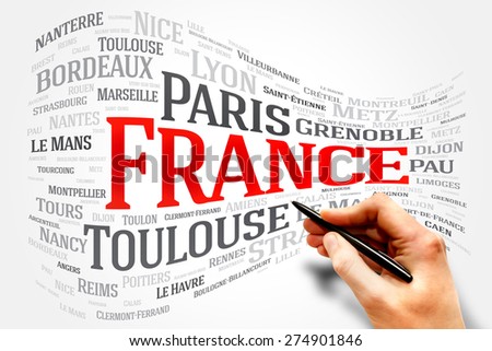 FRANCE word cloud, travel concept, list of cities in France