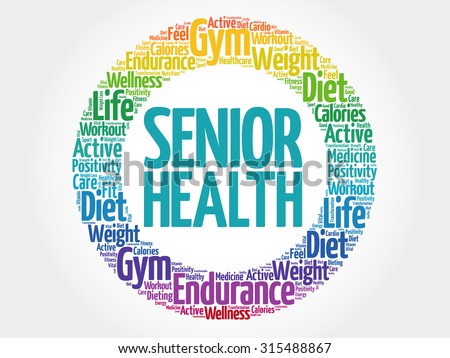 Senior health circle stamp word cloud, fitness, sport, health concept