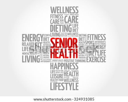 Senior health word cloud, health cross concept