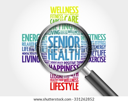 Senior health word cloud with magnifying glass, health concept