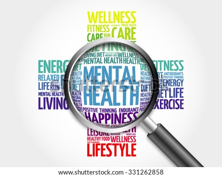 Mental health word cloud with magnifying glass, health concept