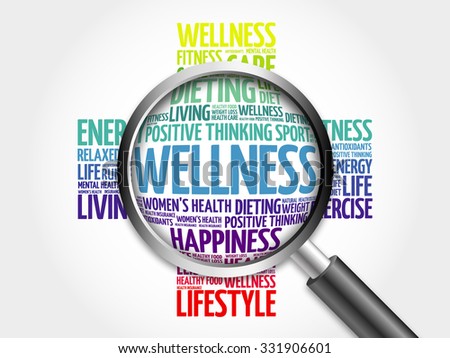 WELLNESS word cloud with magnifying glass, health concept