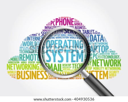 Operating System word cloud with magnifying glass, business concept