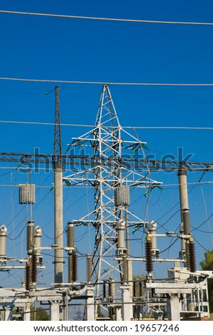 big power transmission pole on blue