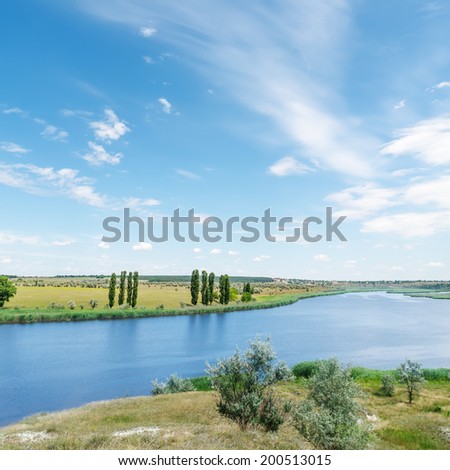 river in green grass and clouds in blue sky