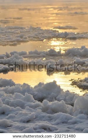 Floe flowing river. The middle of winter. The riverbed. Low temperatures in frosty day
