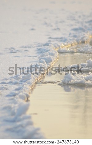 Floe flowing river. The middle of winter. The riverbed. Low temperatures in frosty day