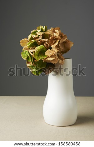 All fall down, dried leaves in a white vase on the table