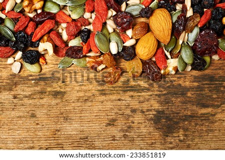 mix nuts seeds and dry fruits, on a wooden table