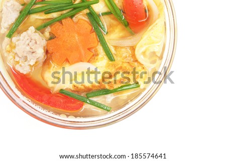 fried beaten egg with minced pork in clear soup (omelet soup) ,Thai cuisine