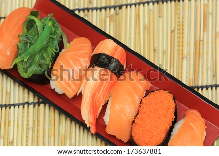 Japanese food/ salmon,shrimp,seaweed sushi in the tray