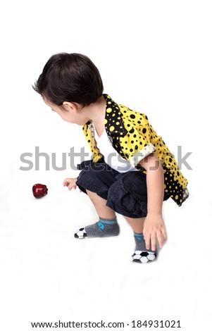 Children sat down to collect apple isolate on whit background