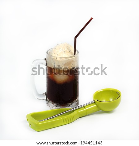 Root beer float with scoop isolated on white background