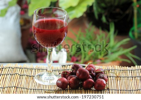Cherry juice and cherries on the table