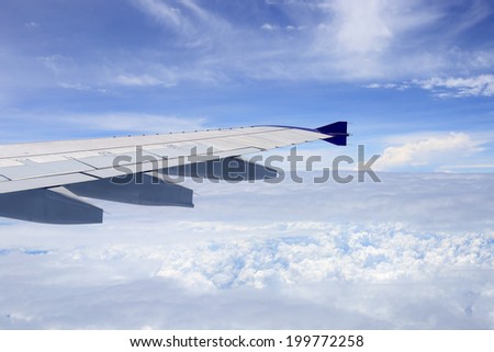 Looking from the window of the Plane, Wing of an airplane flying above the clouds