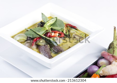 Green curry Chicken soup Thai spicy food on white background