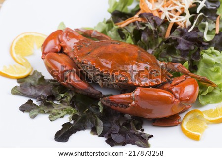 Fresh Steam red crab on the plate/selective focus