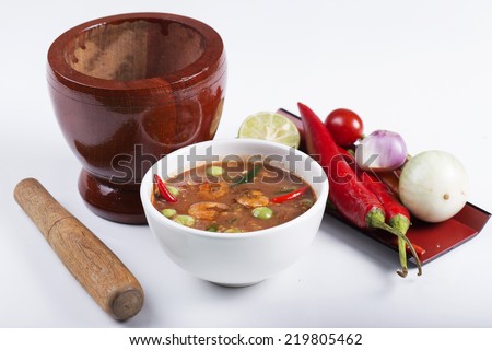 Chili paste with wooden motar ,Thai Food