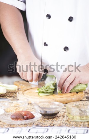 Chef chopping vegetable before cooking noodle / Cooking Noodle concept