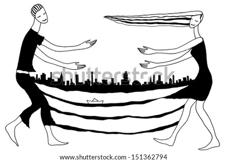 Original drawing of of a happy couple running to each other with the city skyline on the background