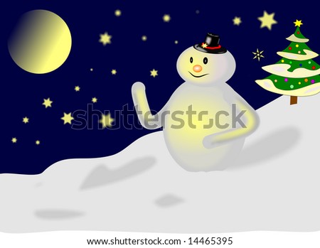 a christmas winter background illustration with a moonlit snowman on a hill against a dark blue sky