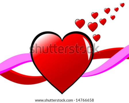 A valentines vector illustration with a single red heart and pink and red ribbons isolated on white